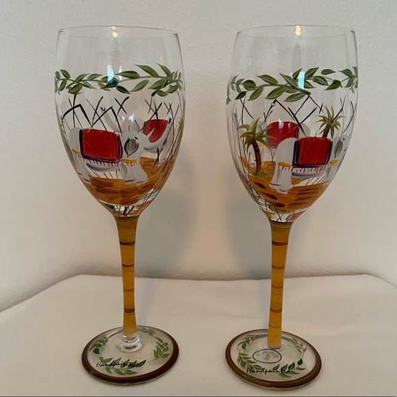Elephant Wine Glasses HandPainted Tropical PalmTrees Bamboo Stem Le Petit Cafe 2 - Picture 16 of 16